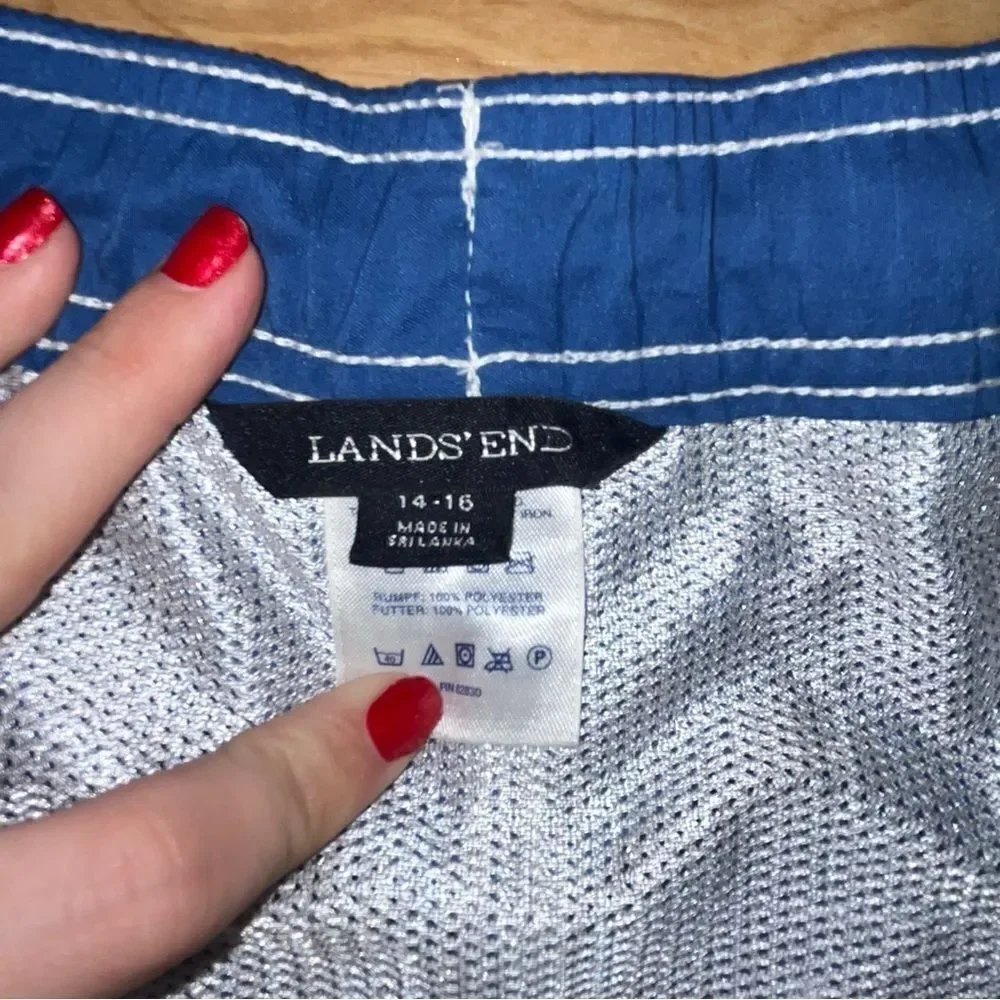Lands' End Blue & Green Striped Swimsuit Board Shorts